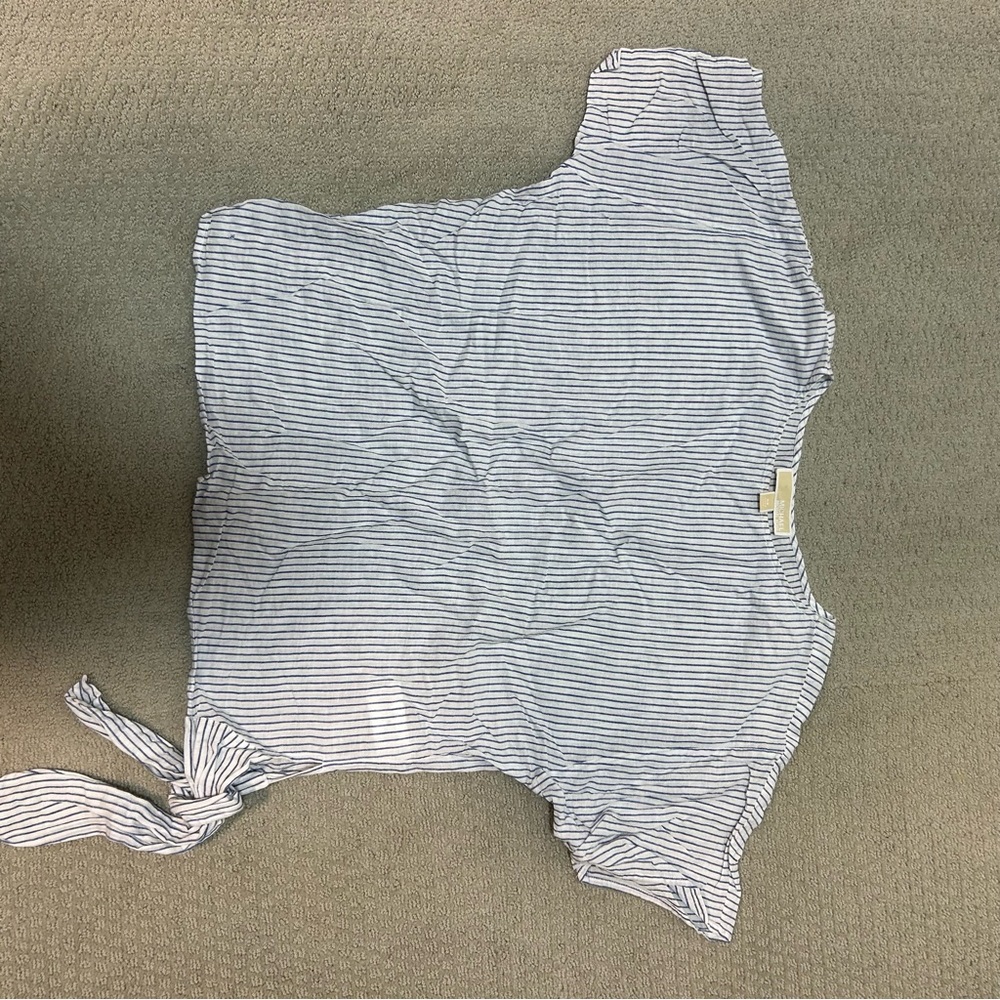 Michael Kors White and Navy Striped Short Sleeve Tie-Waist Top